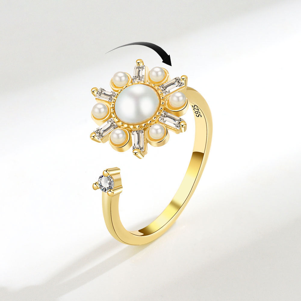 Adjustable Pearl Ring With Flower Design Gold Plated Copper Geometric Rotatable Band Jewelry European American