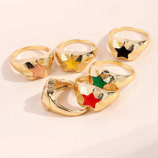 Unisex Geometric Alloy Ring Inlaid Gemstones Heart And Pentagram Design Fashion Jewelry Gift For Everyday Wear Gift