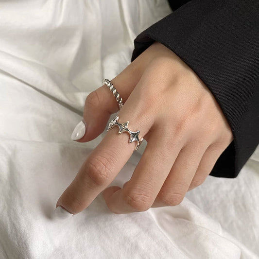 Open End Star Ring Four Eight Pointed Stars Korean Silver