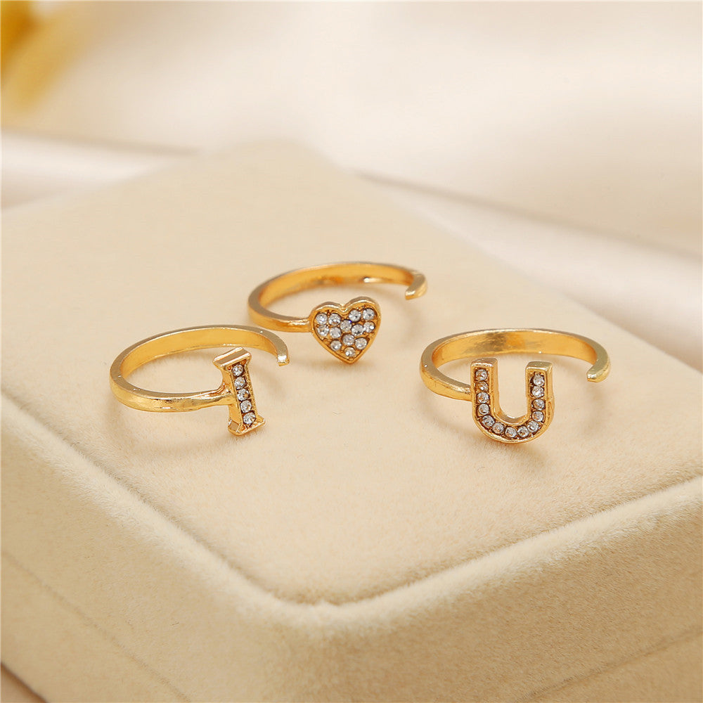Unisex Gold Plated Letter Ring Geometric Design Alloy With Artificial Gems Electroplated Finish European Style European