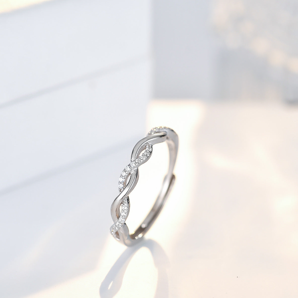 Sterling Silver Twist Ring With Zircon Inlays Adjustable