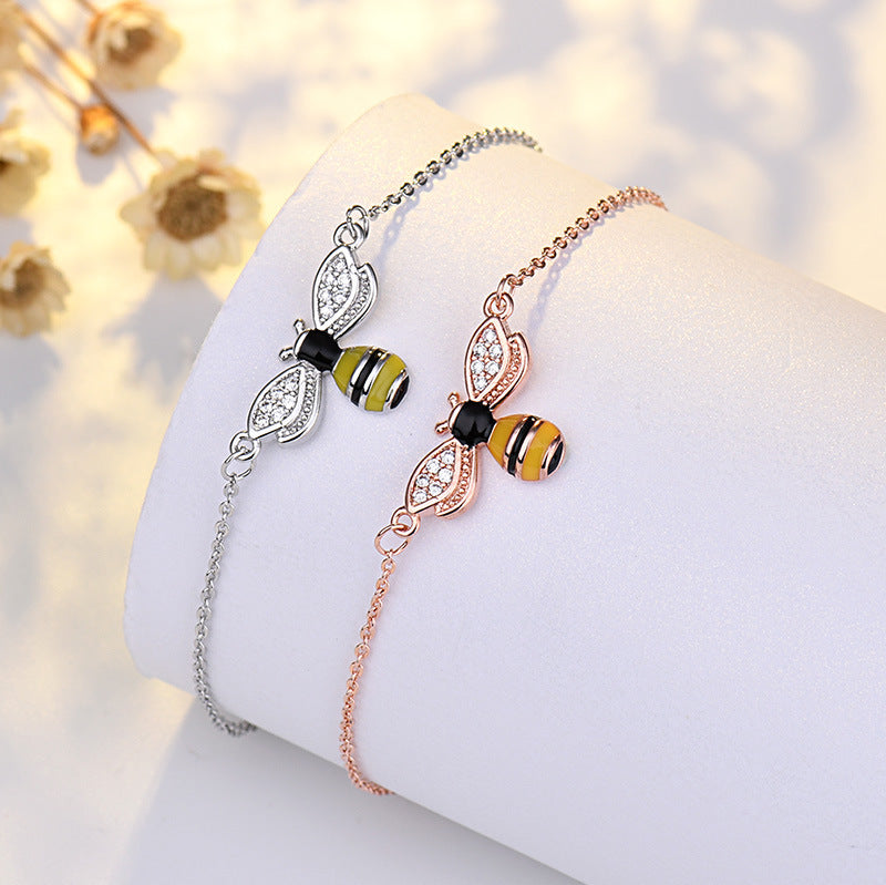 Womens Bee Bracelet Gold Plated Artificial Gem Inlay Artistic Animal Design Copper Bracelet Korean Anniversary Gift