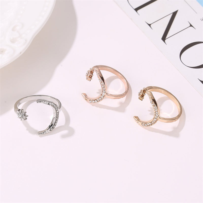Womens Rhinestone Moon And Star Ring Opening Design Adjustable Alloy Jewelry Electroplated Fashion Ring Dazzle