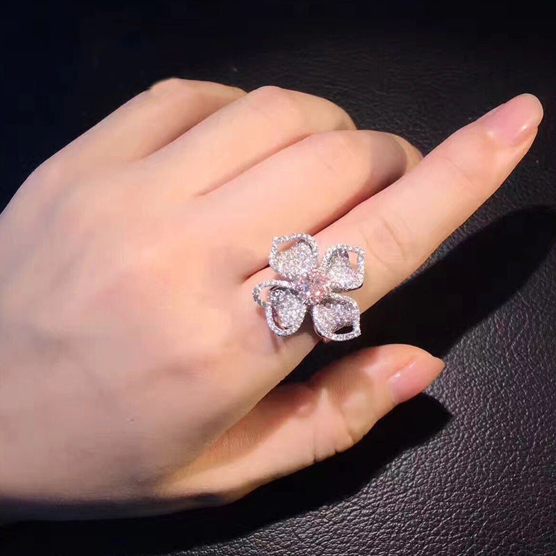 Four Leaf Clover Flower Full Diamond Ring Gold Plated Adjustable Opening Fashion Jewelry Statement Ring For Women