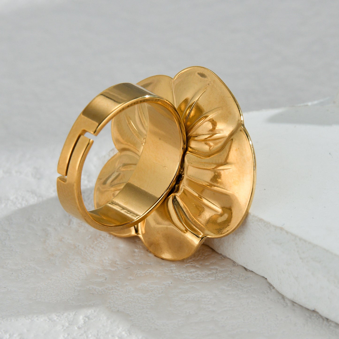Textured Retro Gold Stainless Steel Flower Open Ring For Women Elegant Statement Jewelry Gift Idea Handcrafted Finish