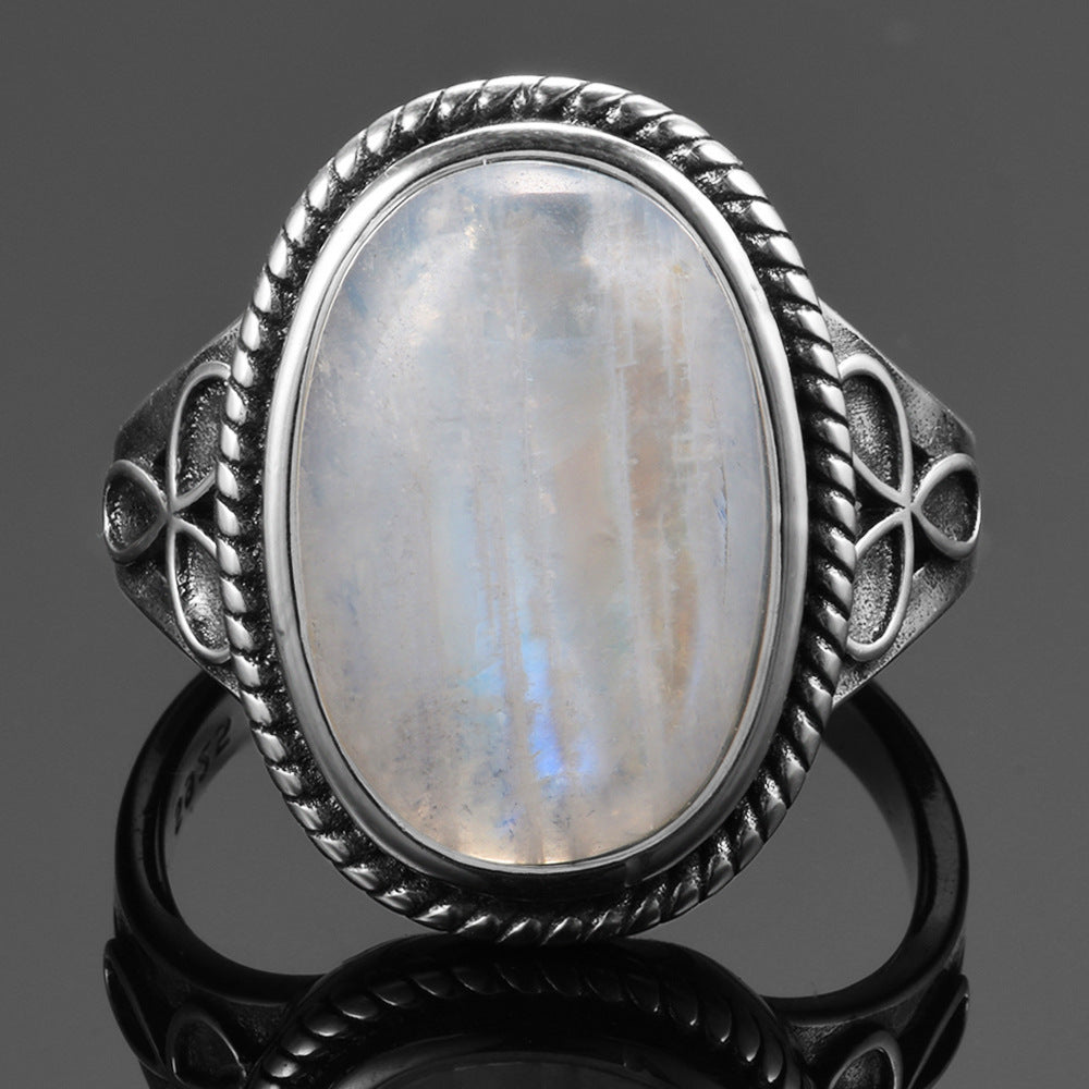 Moonstone Ring Vintage Wide Face Court Style Patterned Copper Electroplated Elegant Statement Jewelry Pure Glow