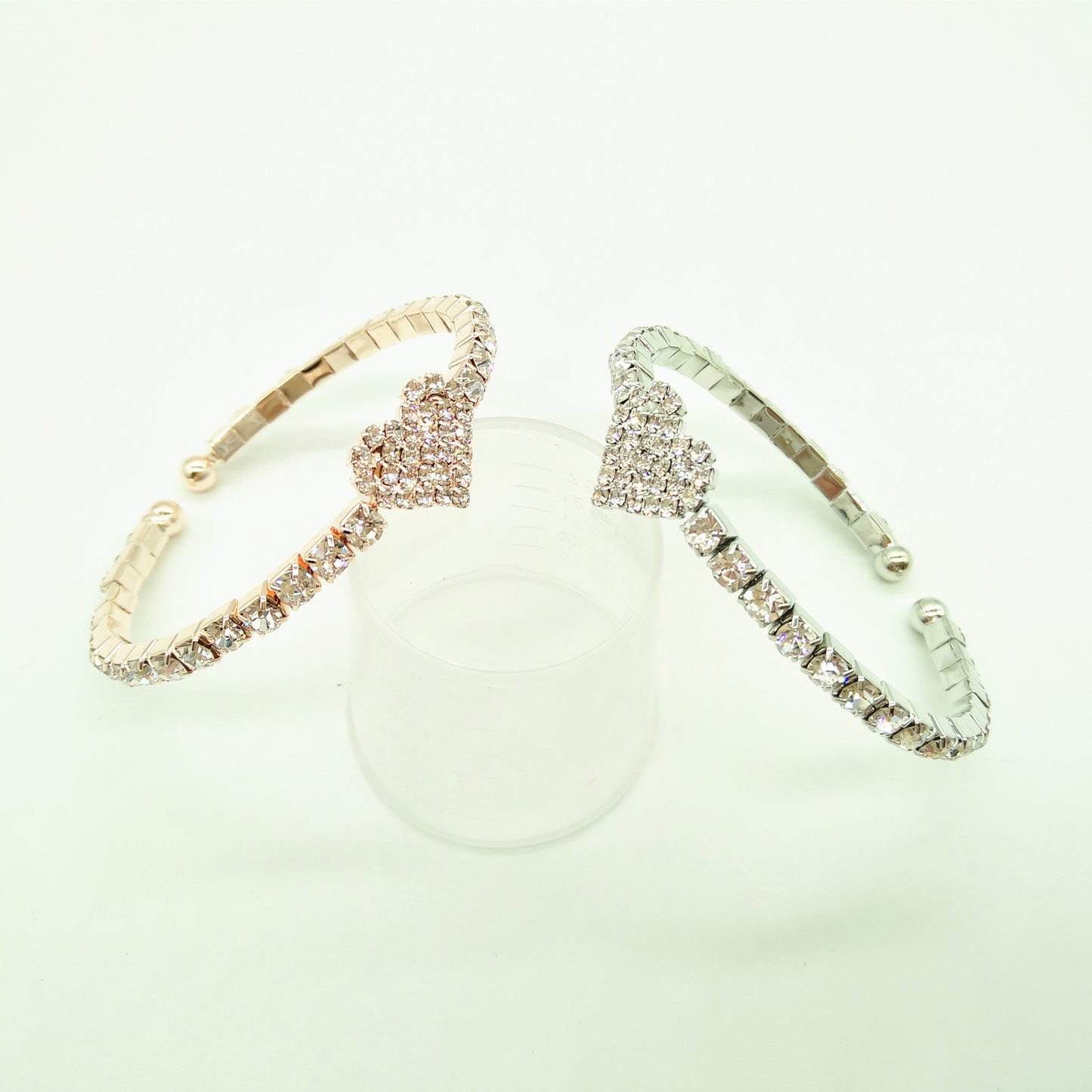 Couple Heart Shaped Alloy Elastic Bangle Bracelets Set With Gemstones In Gold Silver Rose Gold Finishes Inner 50mm