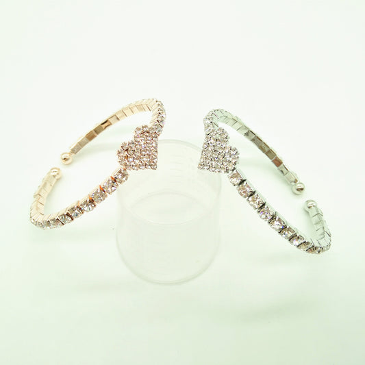 Couple Heart Shaped Alloy Elastic Bangle Bracelets Set With Gemstones In Gold Silver Rose Gold Finishes Inner 50mm