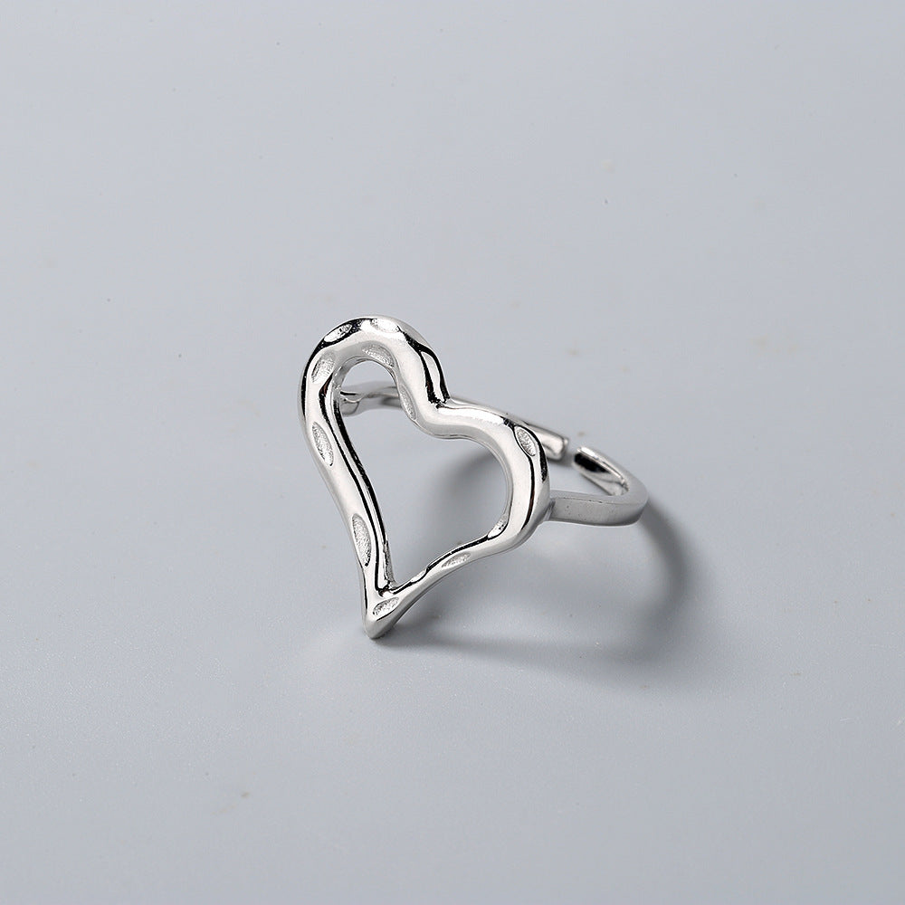 Sterling Silver Heart Ring For Women Korean Style Adjustable Opening Ring White Gold Plated 925 Simple Classic