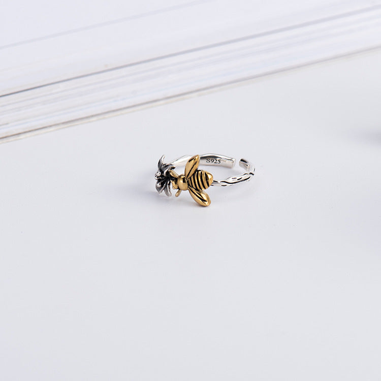 Sterling Silver Bee Ring With Flower Korean Geometric