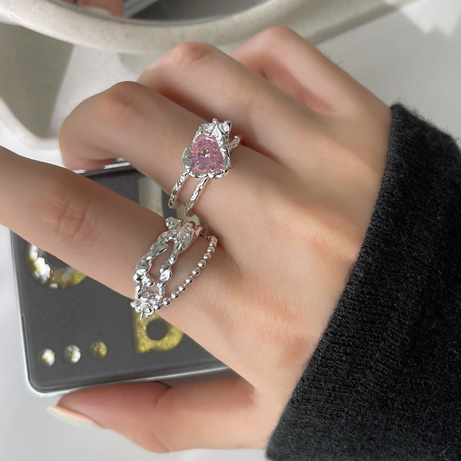 Womens Heart Ring Adjustable Thai Silver Plated Ring With Alloy Inlaid Gems Irregular Design Inner Diameter 1.6cm