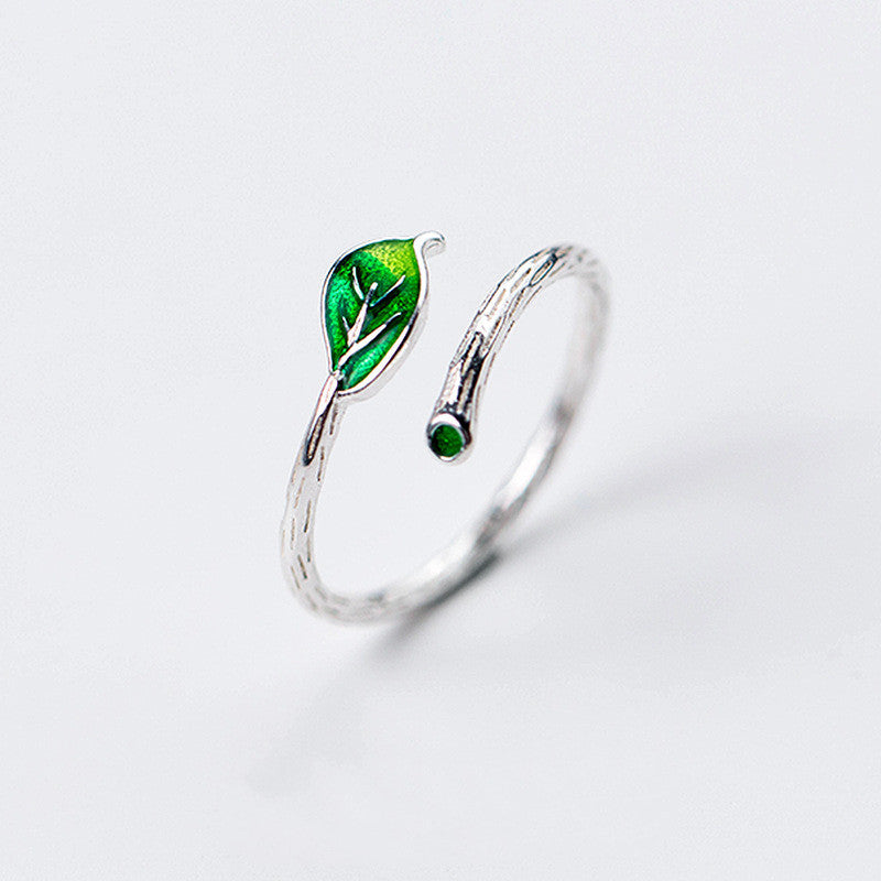 Green Leaf Open Ring for Women Simple Branch Design Artistic Leaf Copper Jewelry Graceful Leaf Pattern Jewelry