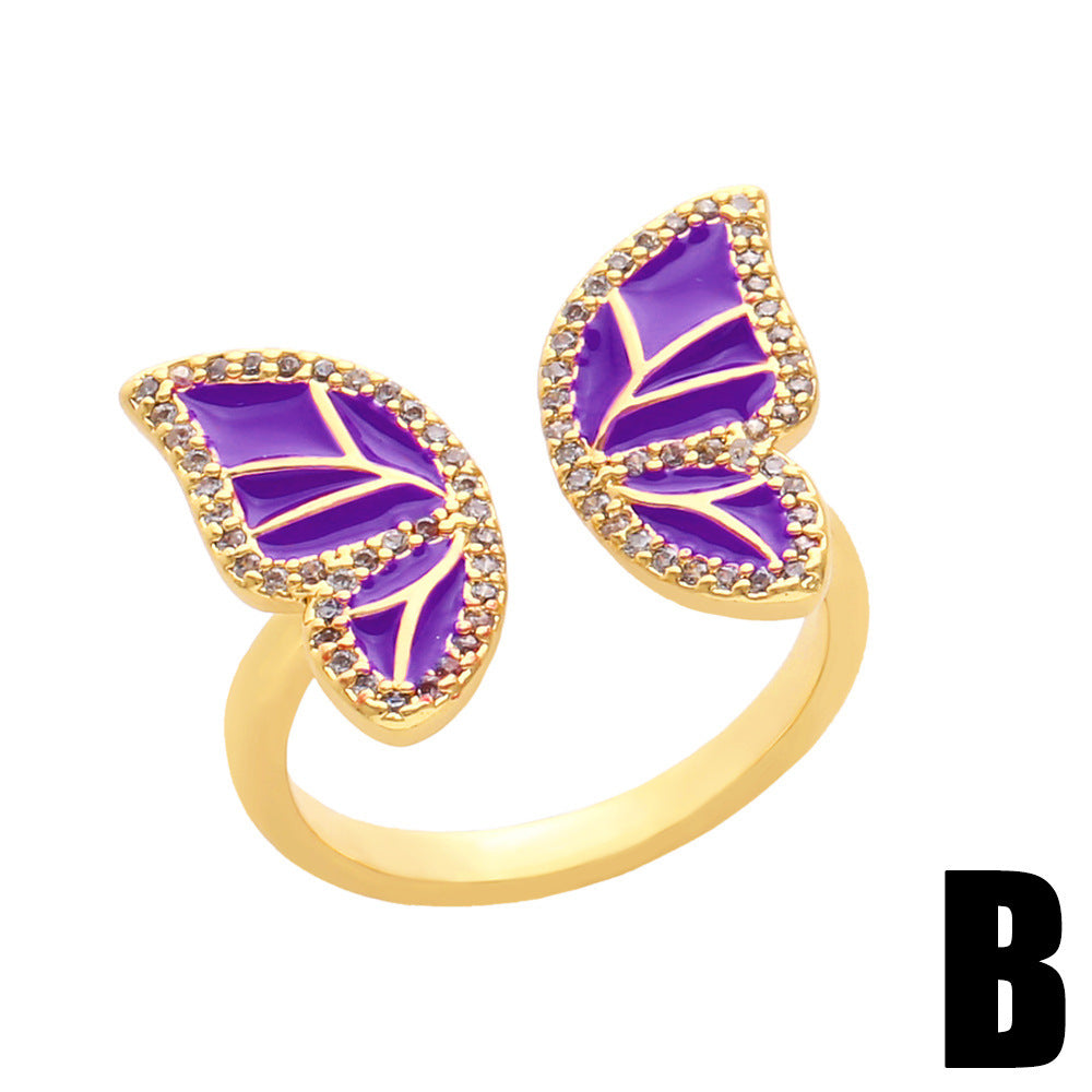 Women's Butterfly Ring Copper Adjustable Zircon Oil Drop Jewelry Elegant Fashion Accessory with Sparkling Zircon