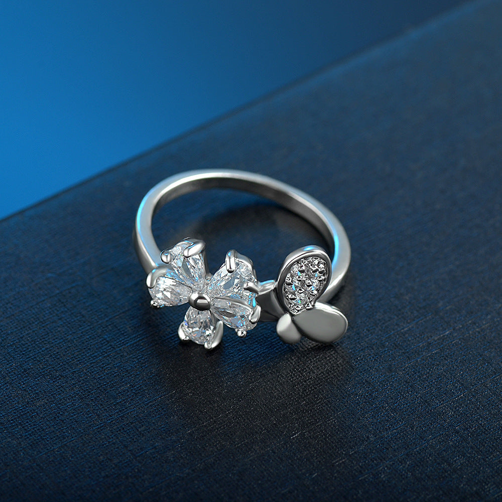 Womens Flower Ring Elegant Copper Ring With Zircon Micro Inlaid Detailing Hand Polished Silver Jewelry Shimmer