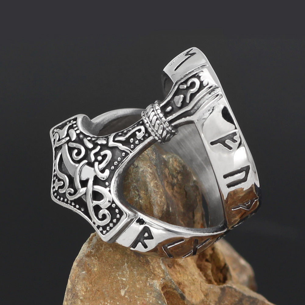 Mens Viking Hammer Ring Stainless Steel Geometric Design Vintage Norse Mythology Inspired Adornment Of Quality