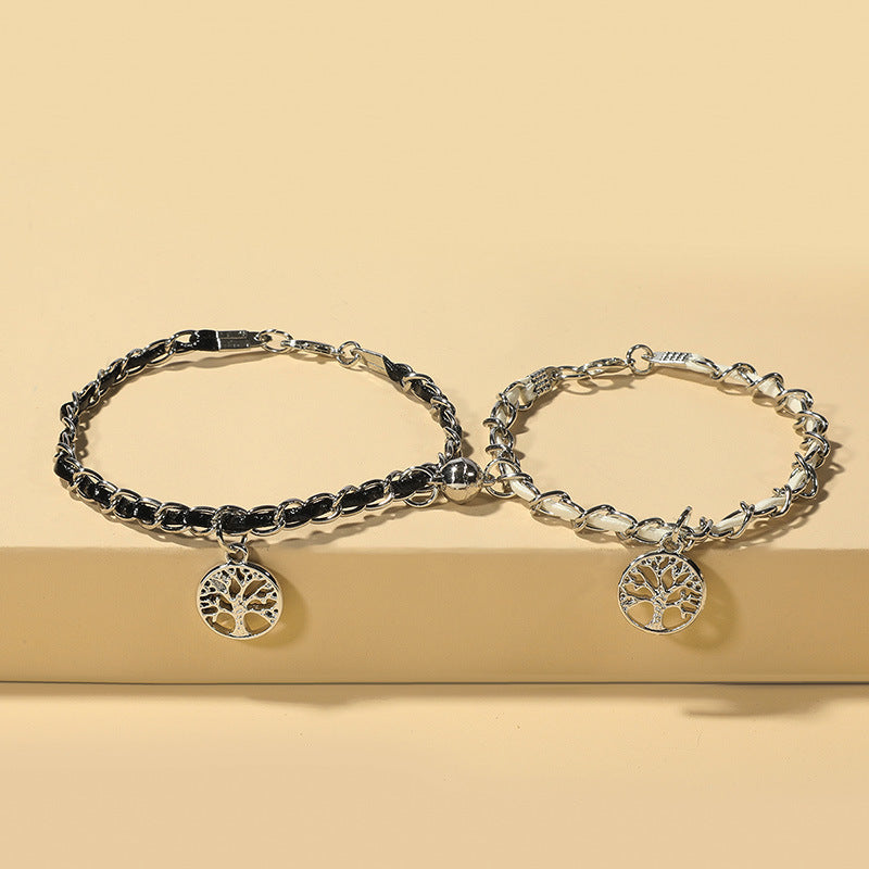 Tree of Life Couple Bracelets Set with Magnetic Buckle Alloy Jewelry Gift for Anniversary Black Finish Duo Set
