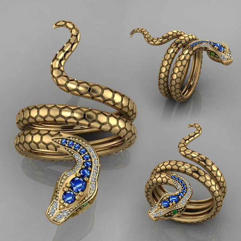 Unisex Snake Ring Inlaid Royal Blue Zircon Gold Plated Copper Animal Fashion Jewelry Durable Statement For Women Men