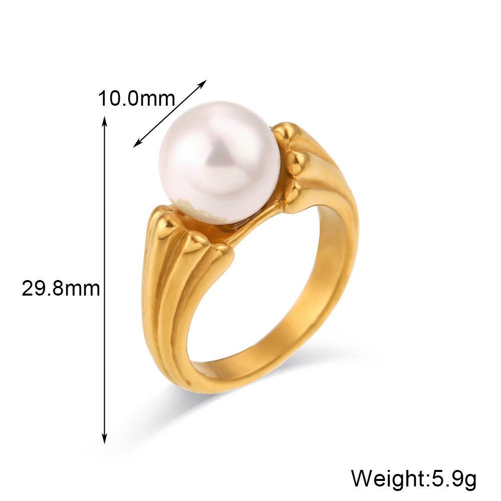 Women's Stainless Steel Ring with 18K Gold Plated Round Pearl Imitation Double Sided Pattern Elegant Geometric Jewelry Ring for Her