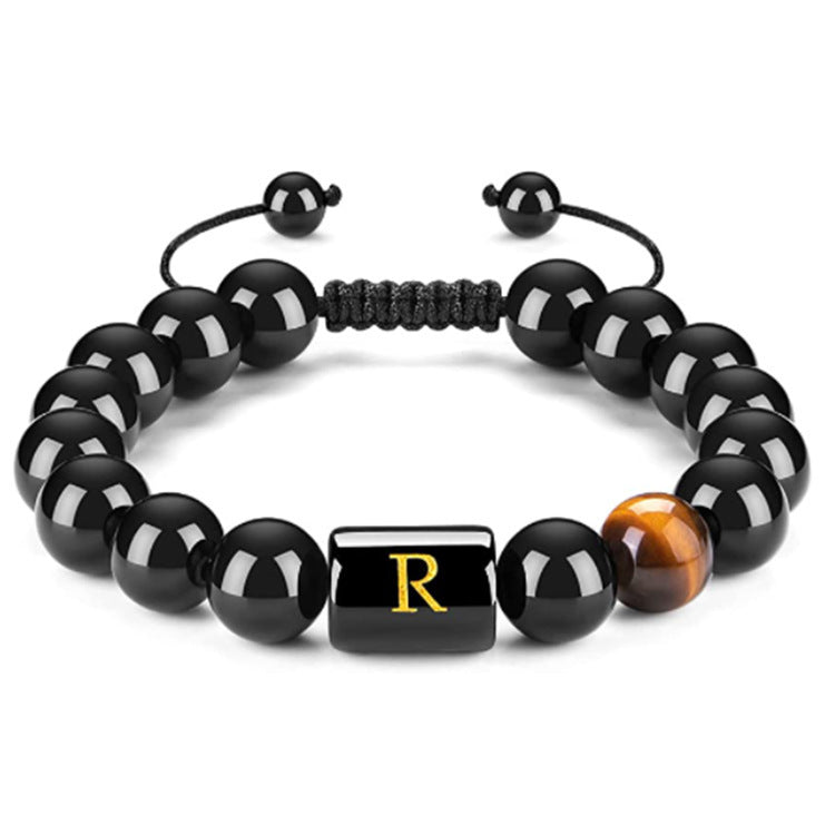 Mens Natural Black Agate 10mm Beads Handmade Initial Letter Bracelet Personalized Gift for Men Letter A Shape Letter