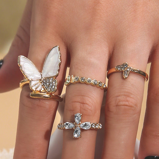 Gold Plated Butterfly Ring Set With Rhinestones And Geometric Accents For Women And Girls For Daily Wear Style