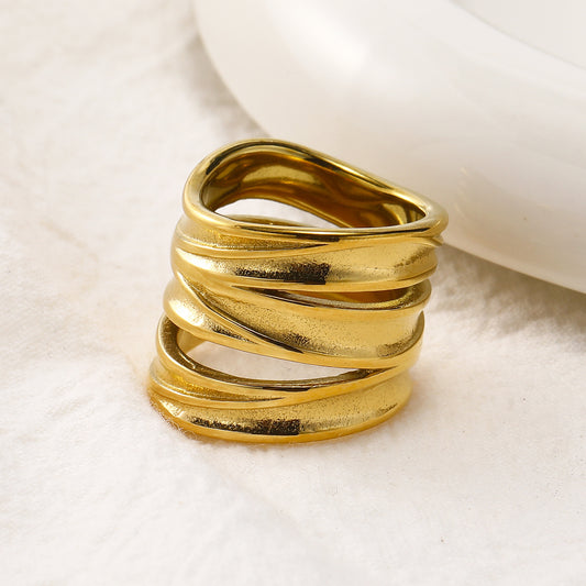 Womens Layer Line Ring Titanium Steel Electroplated Irregular Fashion Jewelry Gold Finish Size 6 7 8 Gift Style