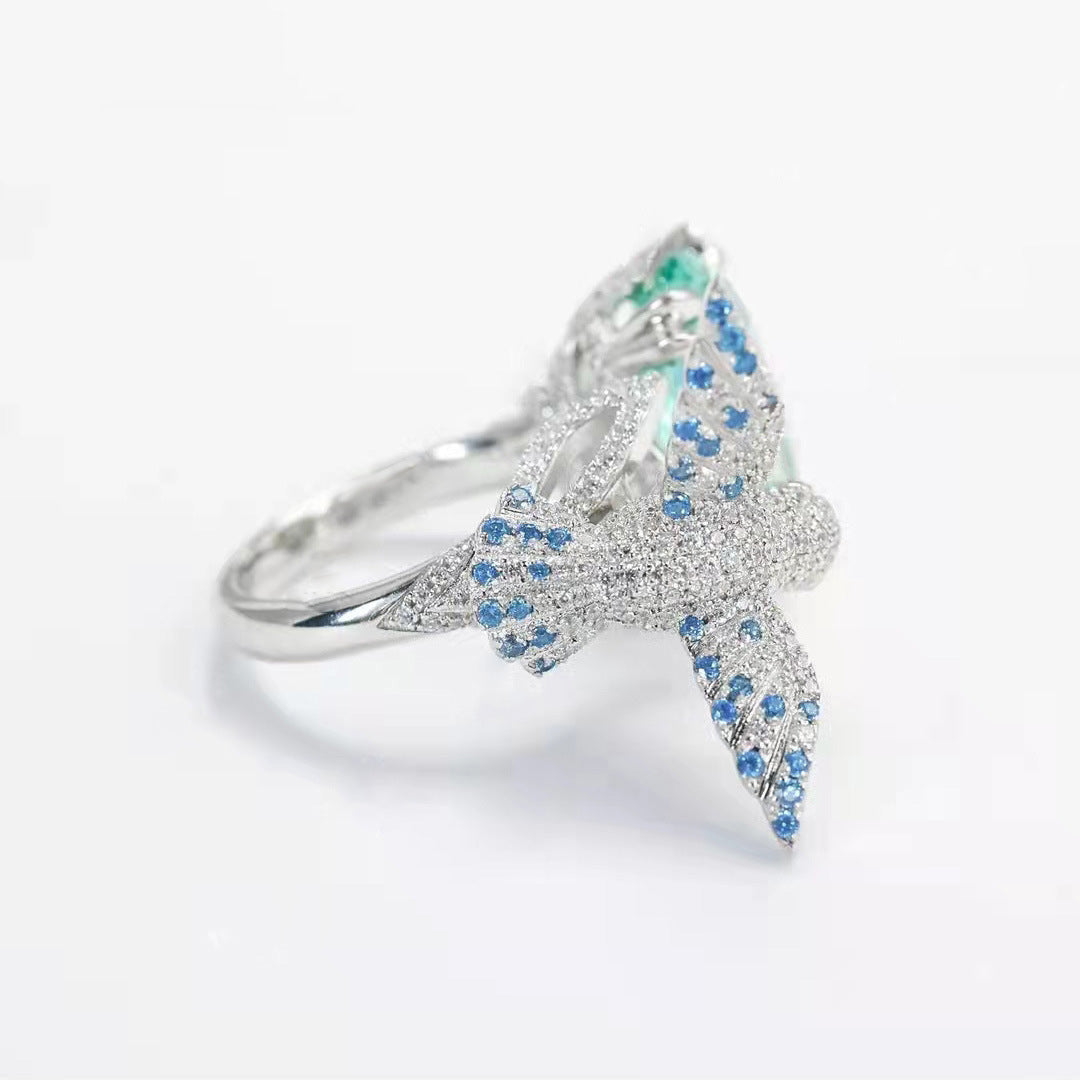 Women Adjustable Hummingbird Ring Copper Plated with Gold Inlay Semi Precious Stone Peacock Green Diamond Jewelry