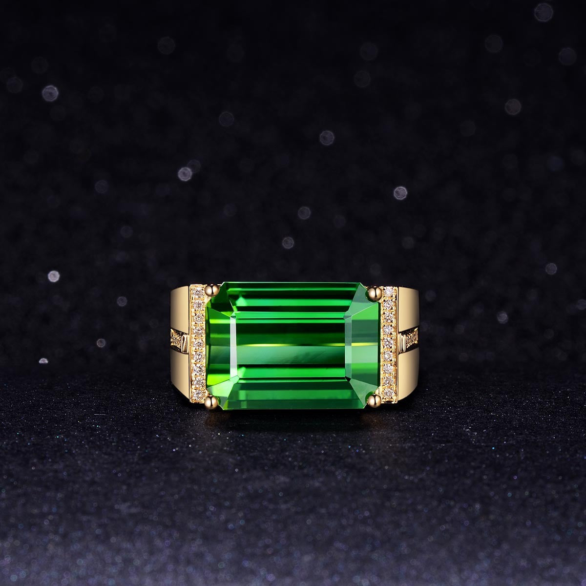 Yellow Gold Inlaid Emerald Baguette Mens Ring Copper Inlay Gold Plated Semi Precious Stones Adjustable Size XL