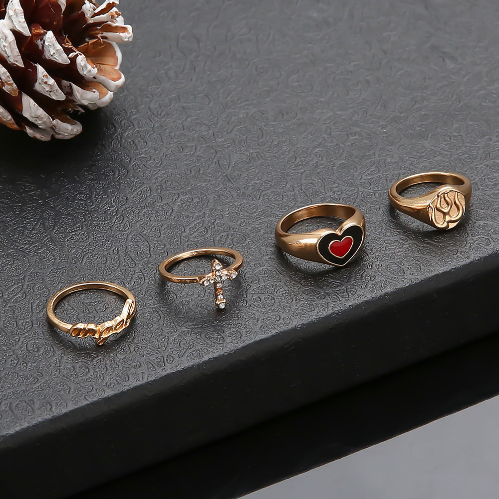 Unisex Ring Set Two Tone Electroplated Alloy Korean Geometric Rings Inlaid Artificial Gems Fashion Jewelry Set