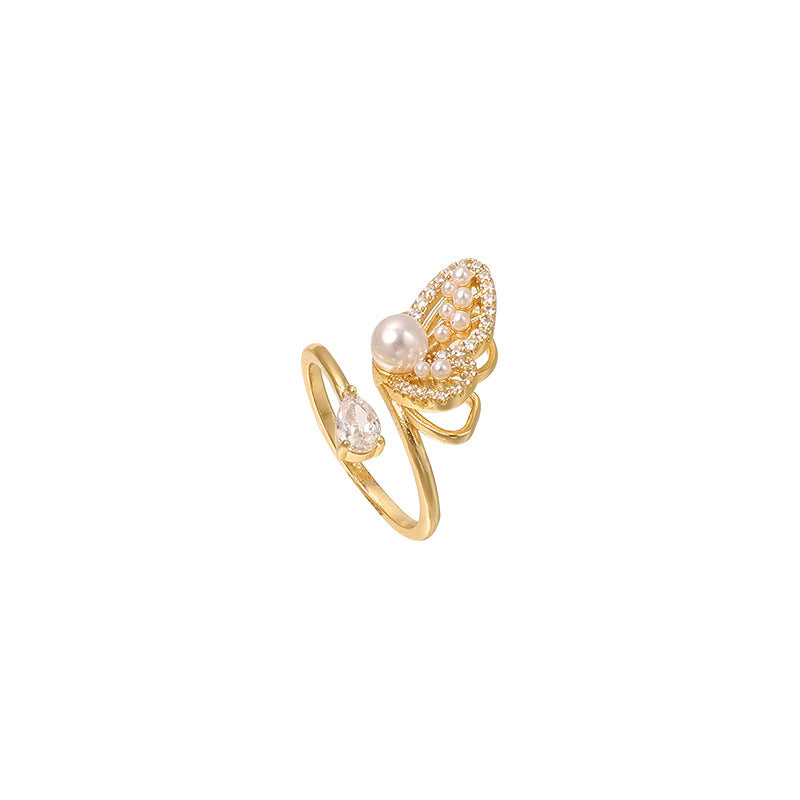 Women Adjustable Ring Zircon Pearl Butterfly Jewelry