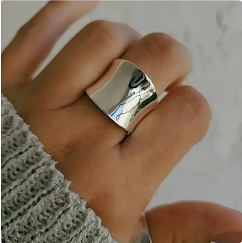 Titanium Steel Ring Smooth Wide Face Irregular Ellipse Style For Women Size Six To Ten Gold Or Silver Electroplated