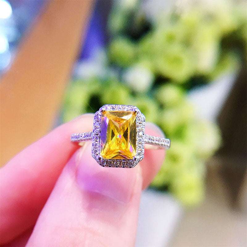 Simulated Yellow Diamond Ring for Women Copper European Style Geometric Design Jewelry Shine Velvet Shine Tone
