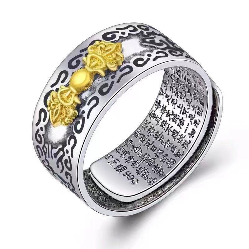 Six Character Fortune Ring For Men Thai Silver Copper Inlay Adjustable Unisex Jewelry Everyday Style Fashion Accessory