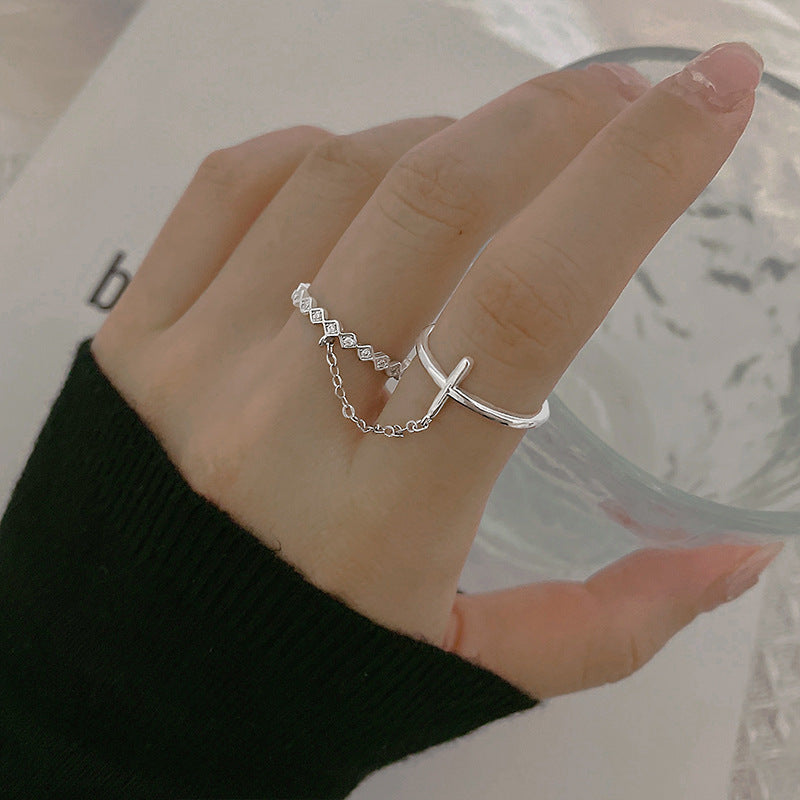 Geometric Double Ring for Women with Diamond Cross Copper Band Adjustable 3mm Diamond 8mm Cross Korean Zircon Inlay
