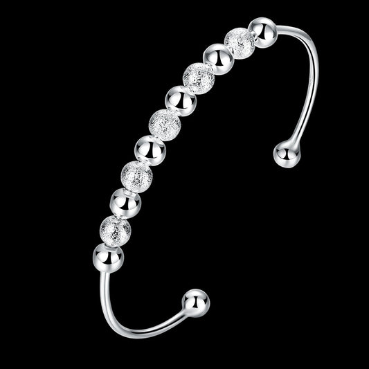 Women Silver Pearl Bracelet Korean Design U Shaped Bangle Nine Turn Bead Lucky Plated Sterling For Daily Wears
