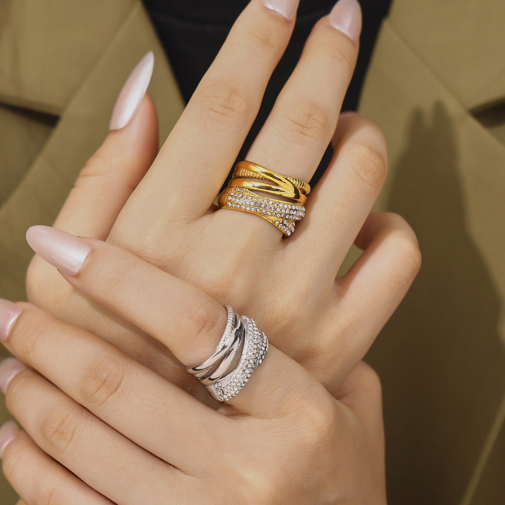 Womens Cross Woven Band Diamond Ring Titanium Steel Geometric Fashion Jewelry Electroplated Elegant Chic Style