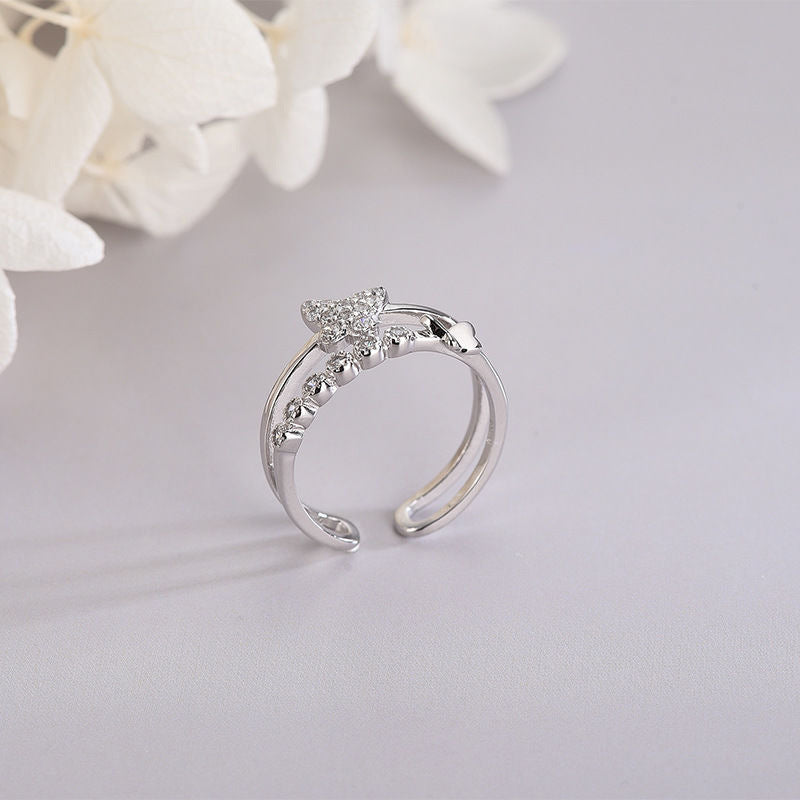 Double Layer Bowknot Copper Ring Adjustable Opening Handcrafted Gem Inlay Diamond Accents Womens Fashion Jewelry