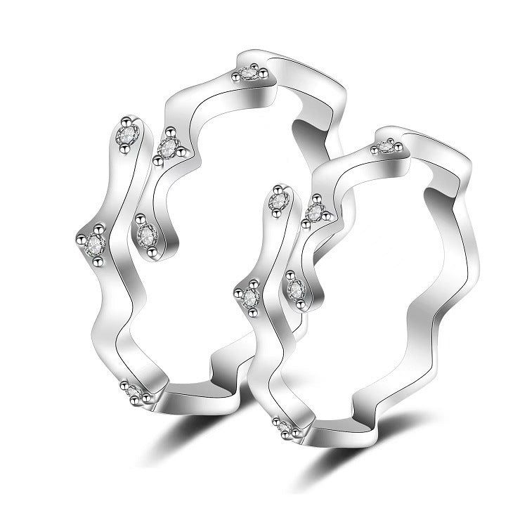 Women Adjustable Open Ring Heart Bow Wave Design Copper Electroplated Micro Zircon Inlaid Anniversary Couple Ring