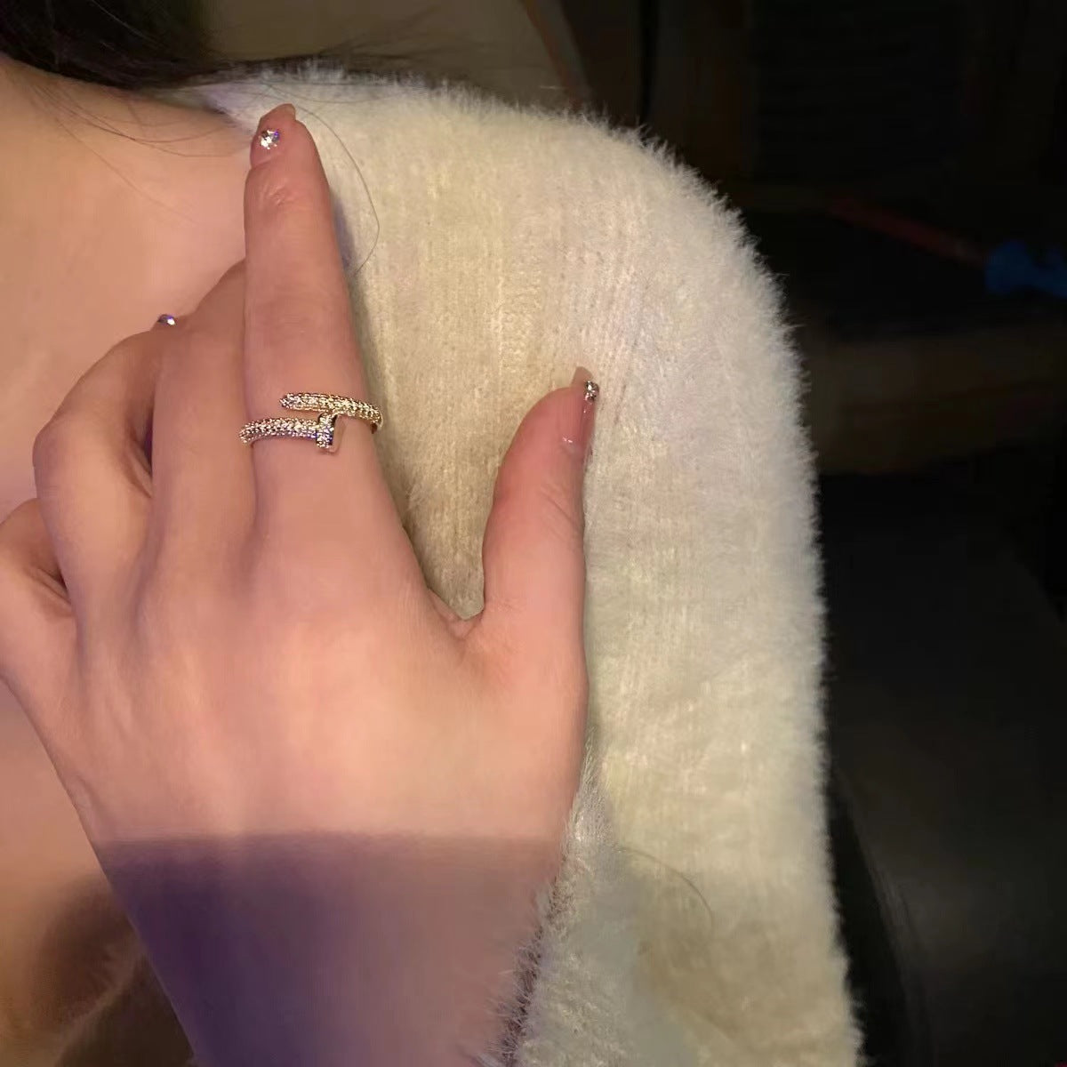 Womens Adjustable Copper Ring With Inlaid Zircon Stones Gold Finish Jewelry Design For