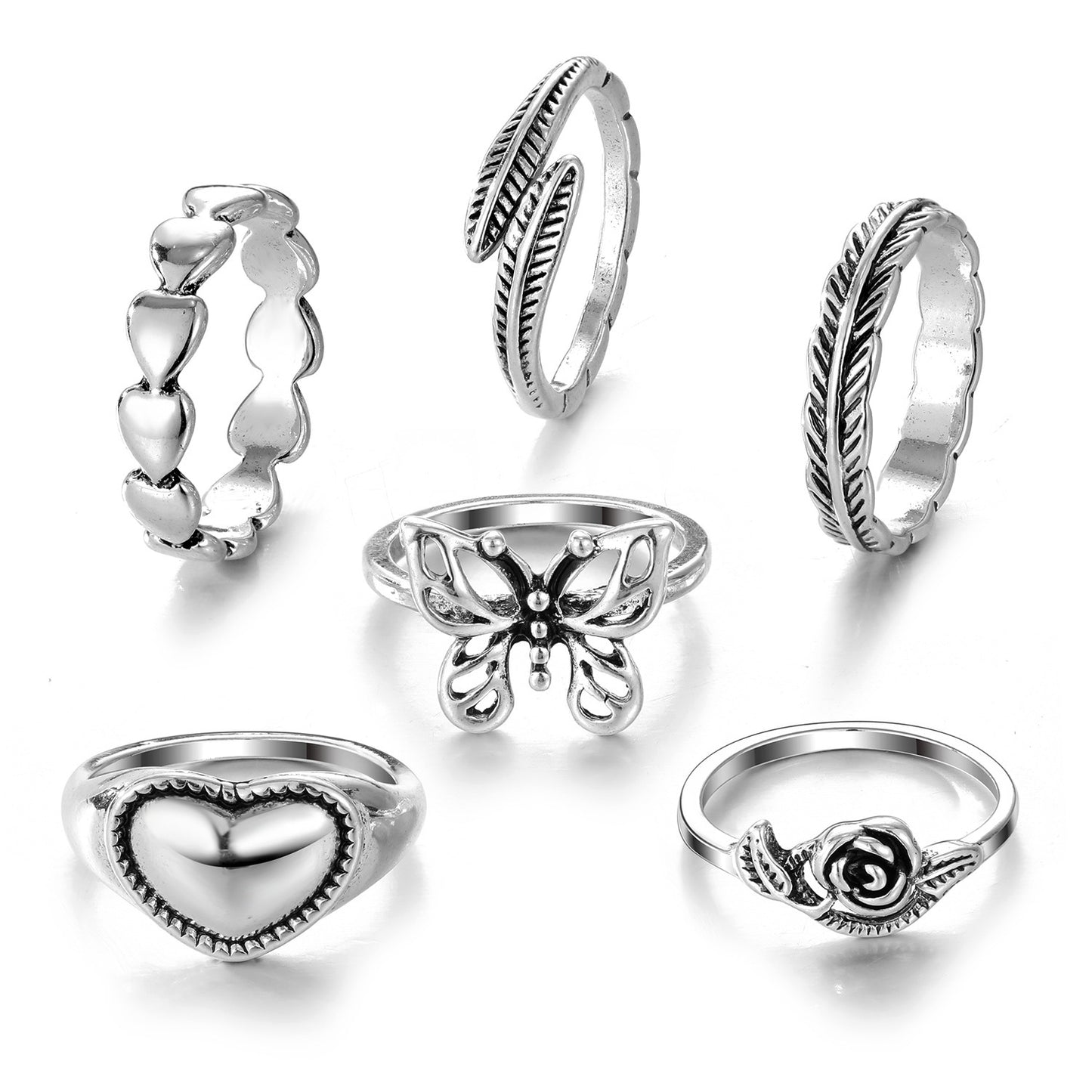 Unisex Retro Alloy Carved Geometry Rings With Feather And Butterfly Design Love Elements Vintage Knuckle Rings