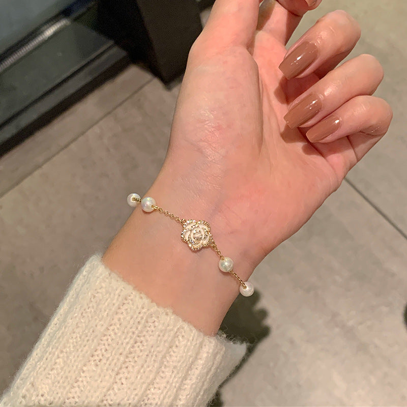 Womens Flower Bracelet Alloy Electroplated Camellia With Pearls Delicate Fashion Jewelry For Elegant Occasions