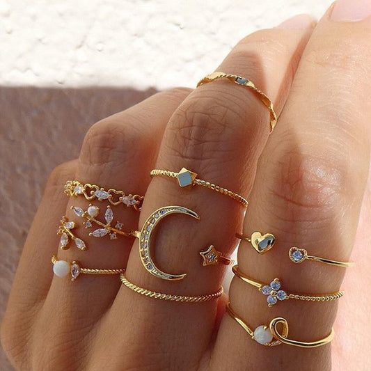 Gold Plated Ring Set Celestial Bohemian Jewelry Moon Star Leaf Knuckle Stackable Rings for Women Everyday Wear
