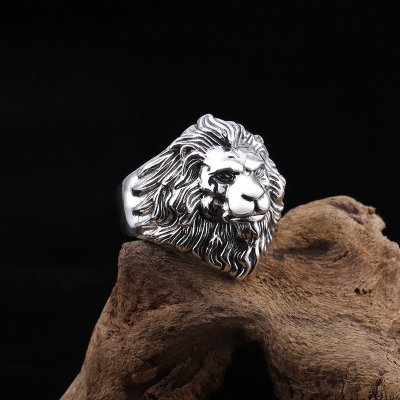 Lion Head Mens Ring Vintage Silver Plated Copper Wide Face Adjustable Statement Ring Dominant Animal DesignPro