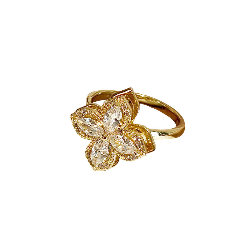 Women Rotatable Windmill Ring Copper Flower Design Micro Inlay Elegant Jewelry Inspired Japanese Korea Fashion