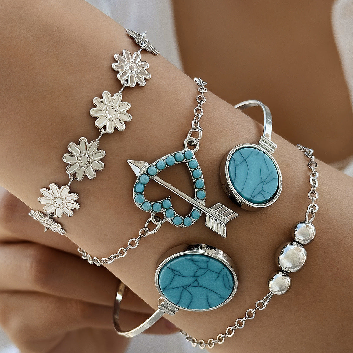 Womens Bracelet Set Electroplated Alloy Fashion Jewelry Collection Turquoise Leaf And Bow Geometric Design Hand Jewelry