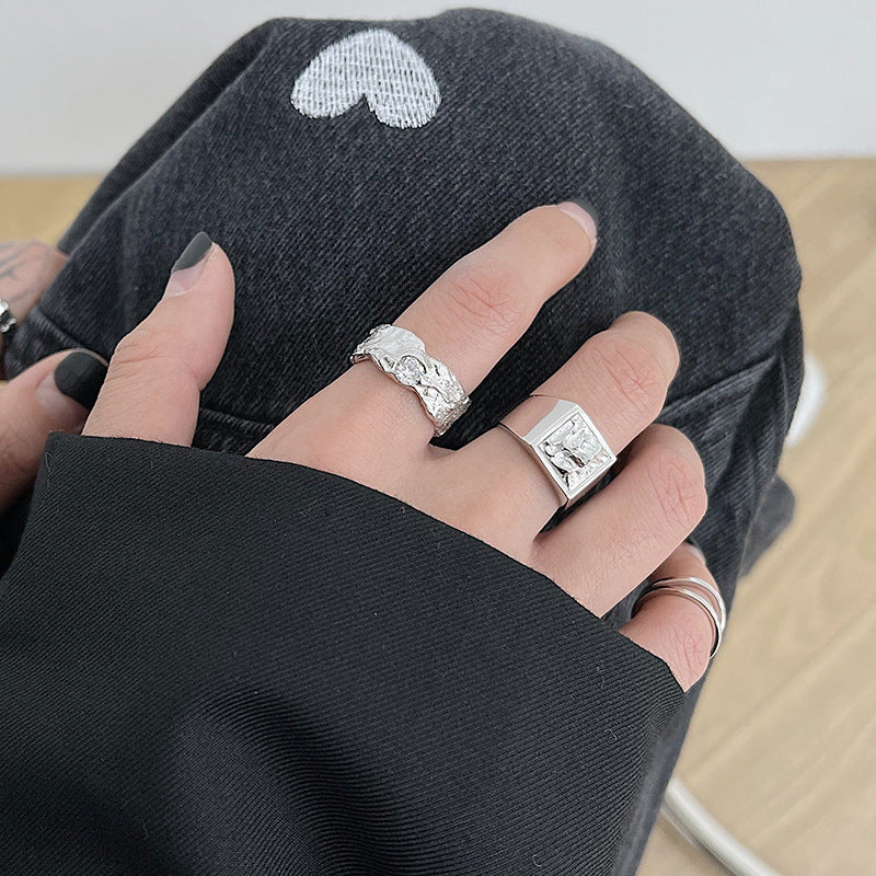 Thai Silver S925 Womens Ring Geometric Irregular Lava Design Korean Style Silver Ring For Daily Wear And Style