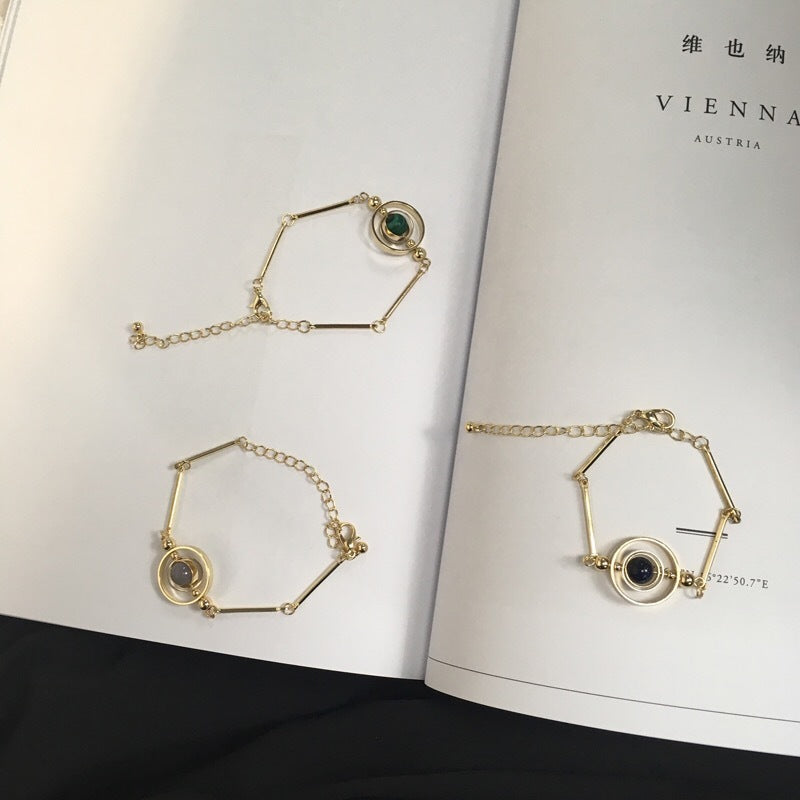 Women Gold Plated Bracelet Geometric Overlapping Circle Design with Peacock Green Grey Blue Sphere Stones Gems