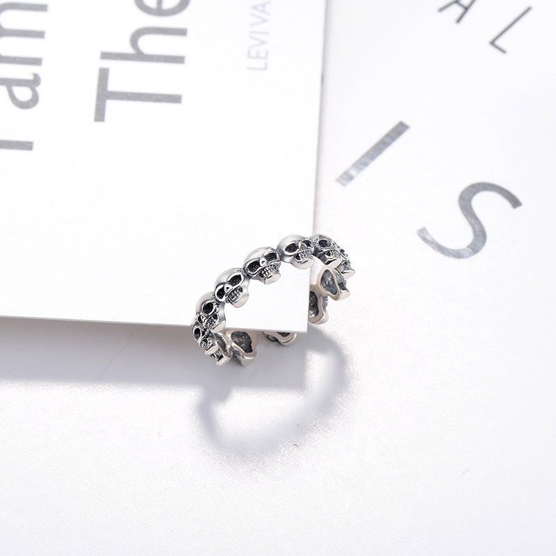 Unisex S925 Sterling Silver Skull Ring Adjustable Opening Retro Distressed Marcasite Jewelry Travel Commemoration