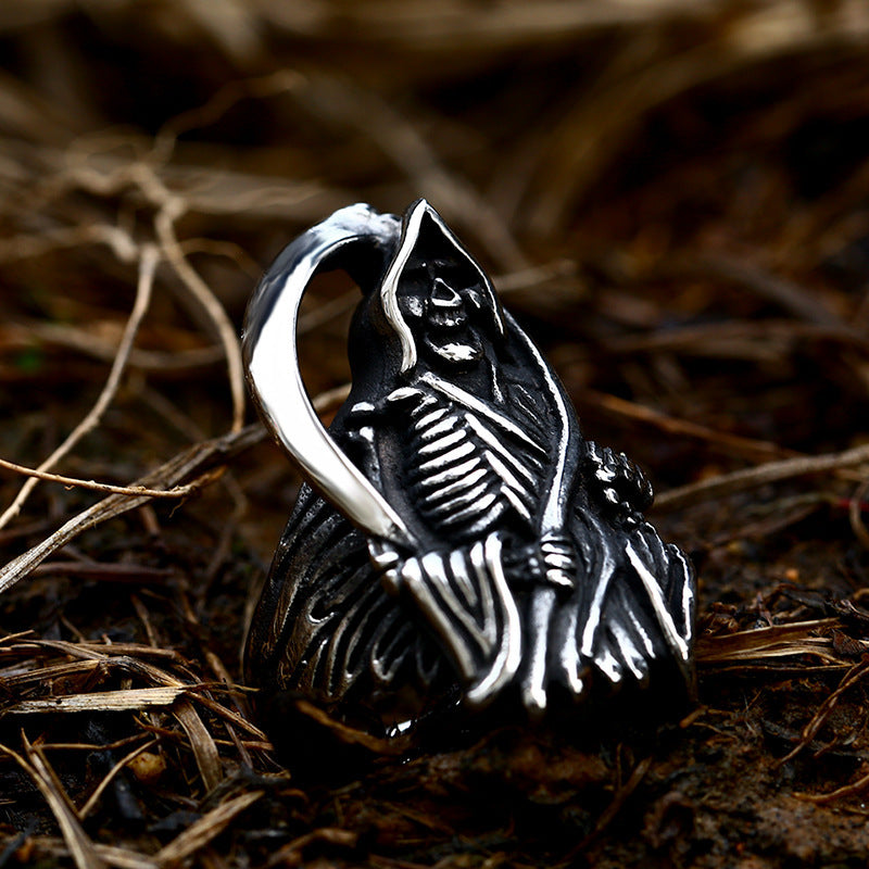 Stainless Steel Skull Ring Death Sickle Retro European American Style For Men With Polished Titanium FinishTop