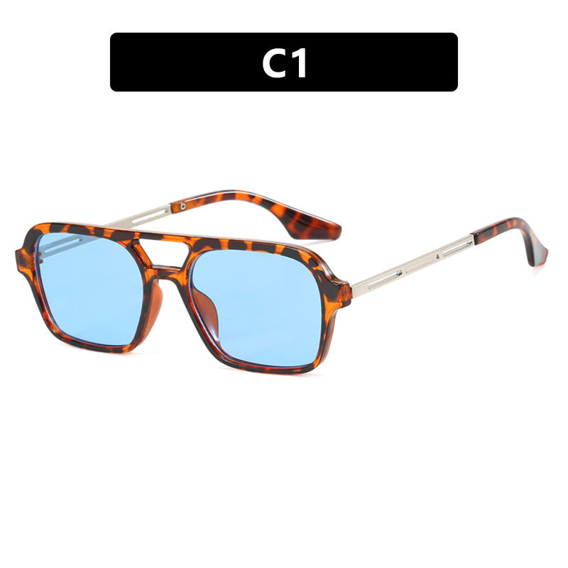 Mens Retro Square Frame Sunglasses Sun Protection PC Material Punk Fashion Eyewear Leopard Blue Lens Gray Film