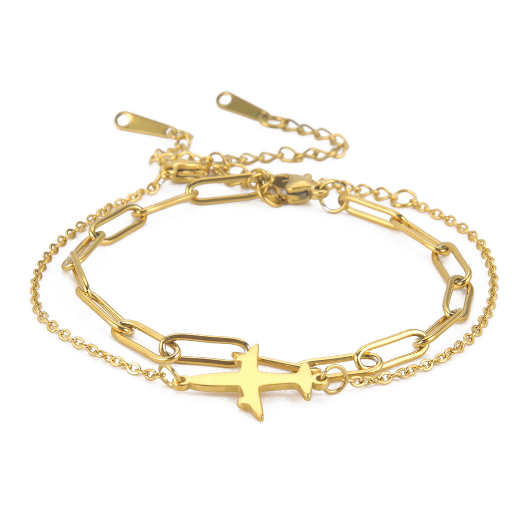 Womens Elegant Stainless Steel Double Layer Bracelet Pattern Design Simple Bangle Jewelry Gift For Her Stylish